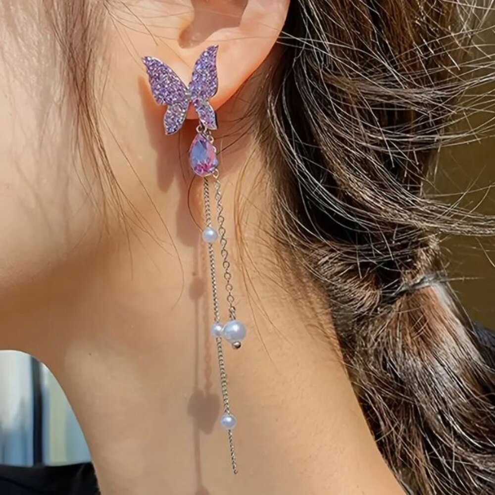 Butterfly Drop Earrings with Lavender Crystals and Pearl Chains
